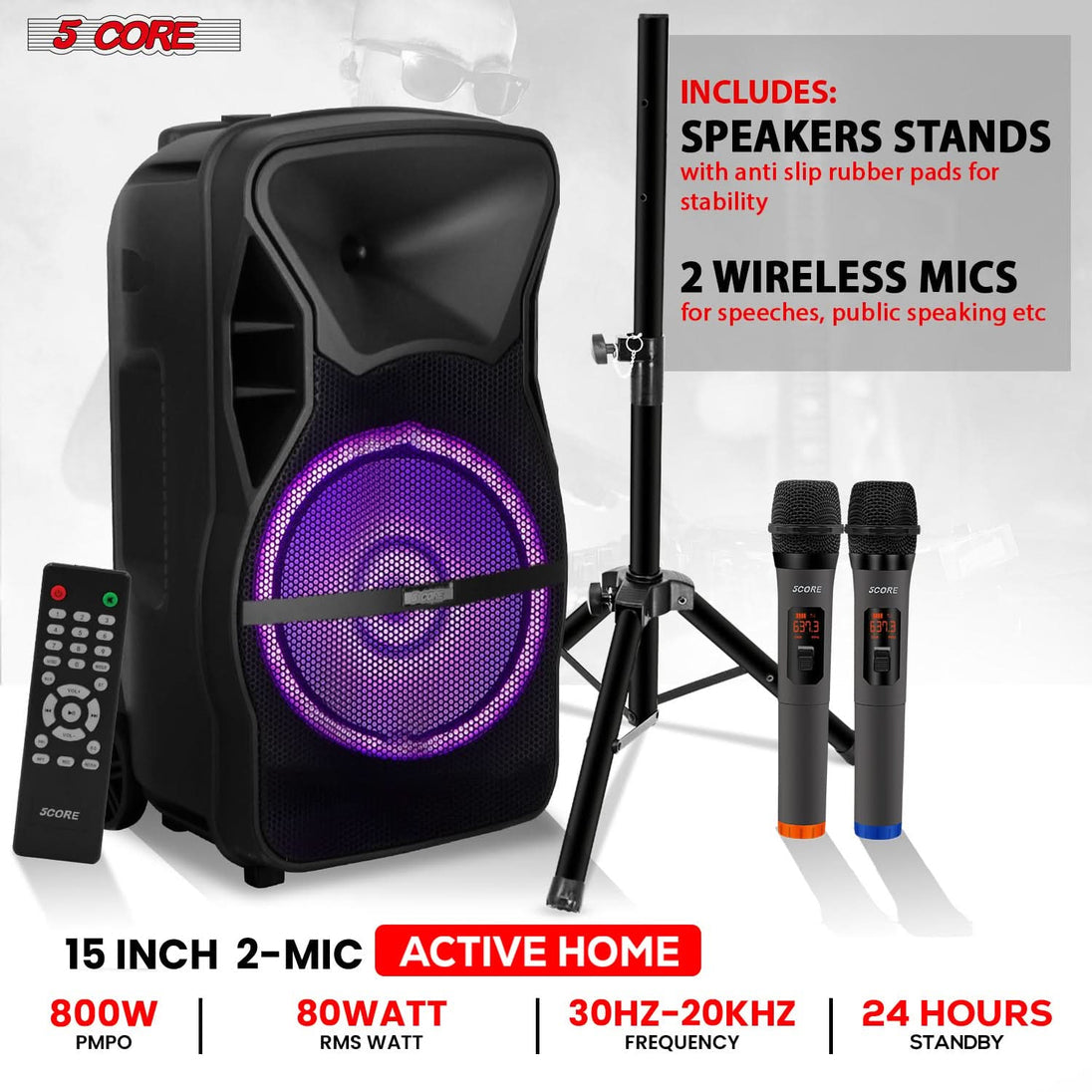 5Core 15 inch PA Portable Bluetooth Party Speaker Karaoke Boombox + 2 Wireless Mics