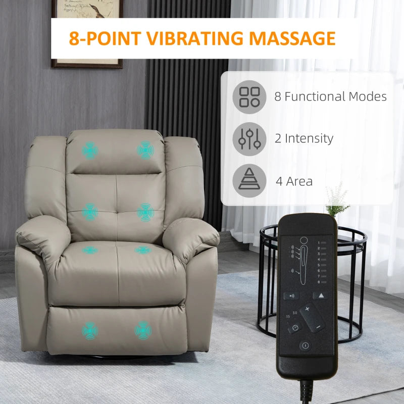 HOMCOM 8-Point Vibration Massage Recliner Chair for Living Room, PU Leather Manual Reclining Chair, Swivel Recliner with Remote Control, Rocking Function, Grey