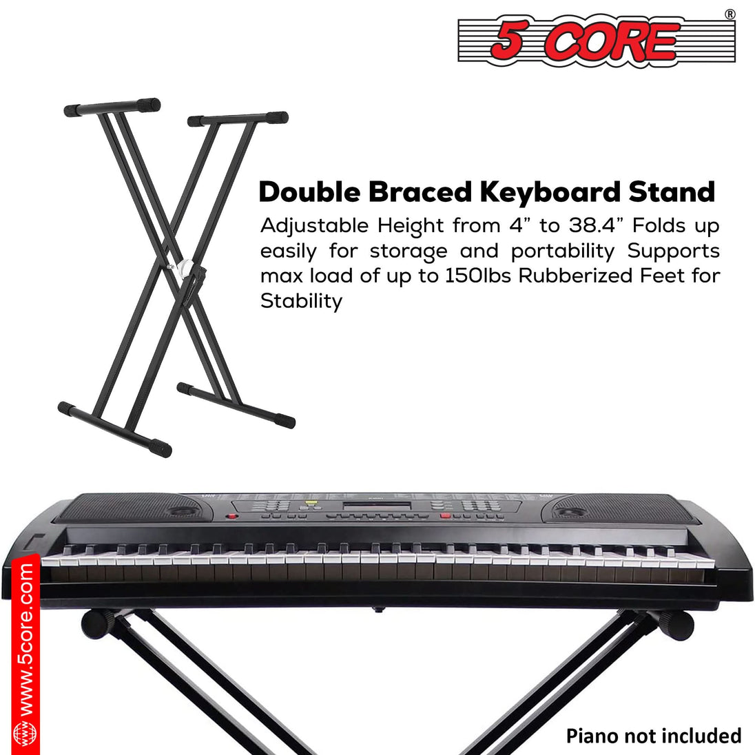 5Core Keyboard Stand Double X Style Adjustable Piano Riser For 49 To 88 Keys + Gear