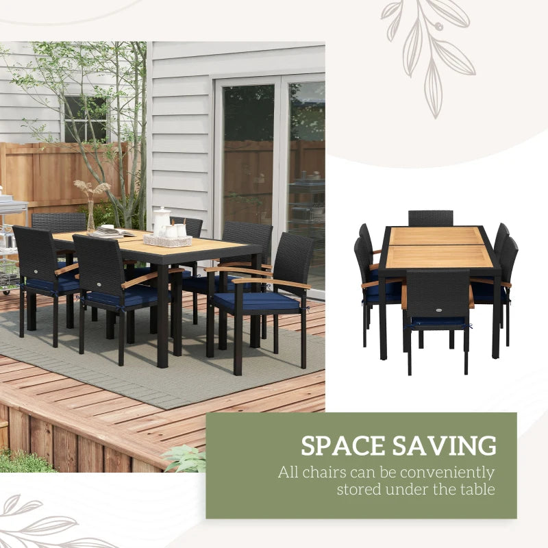 Outsunny Outdoor Dining Set 7 Pcs Space-Saving PE Rattan Patio Table and Chairs w/ Acacia Wood Table Top Soft Cushions, Black