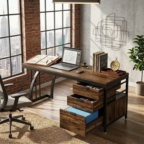 59" Industrial Computer Desk with Reversible Drawer Cabinet for Study & Office