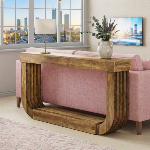 70.9" Console Table, 2-Tier Farmhouse Sofa Table with U-Shaped Pedestal, Rustic Brown Entryway Table