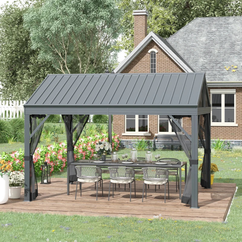 Outsunny 12' x 10' Hardtop Gazebo Steel Canopy Outdoor Pergola with Netting and Aluminum Frame for Patios, Gardens, Lawns, Dark Grey