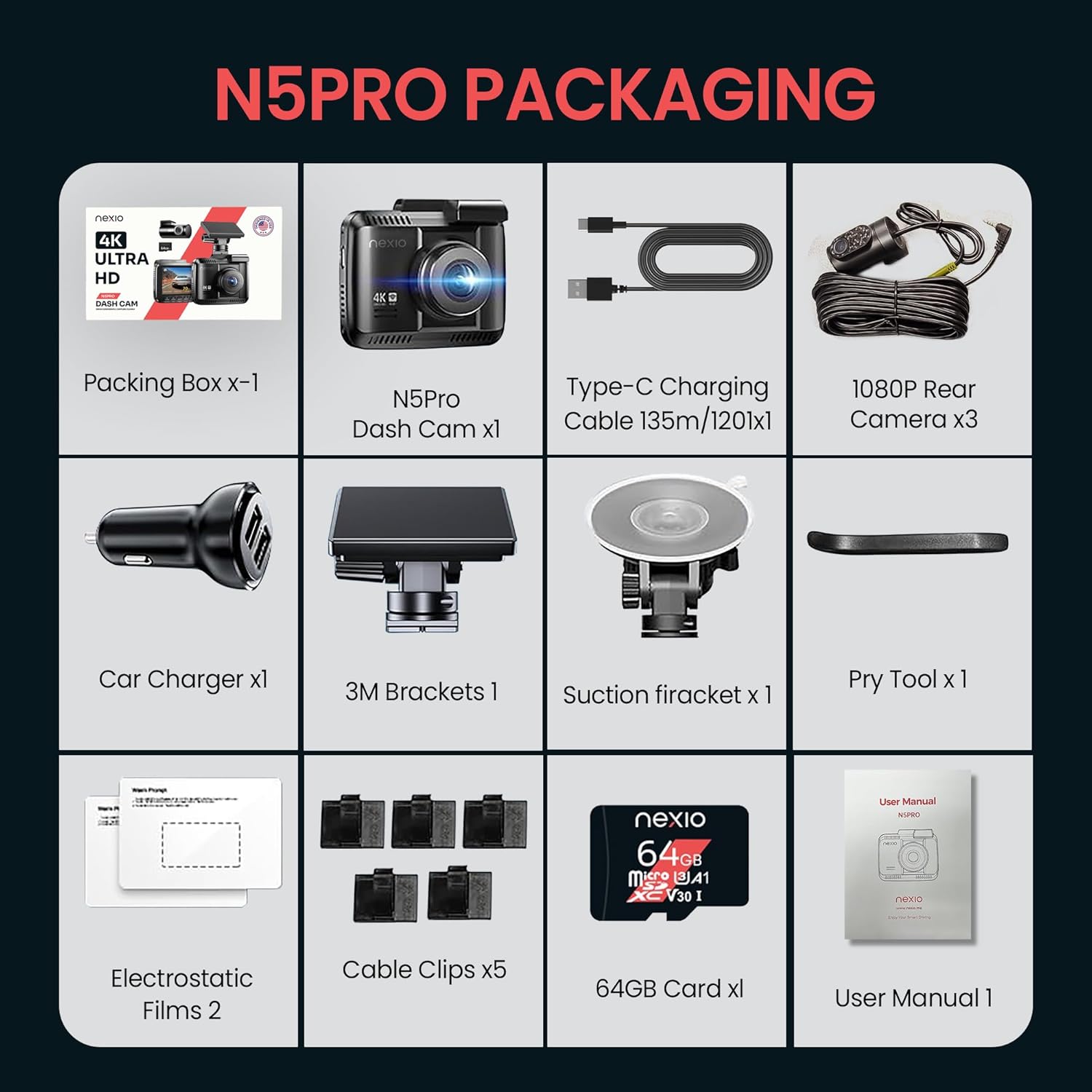 NEXIO N5Pro 4K Dual Dash Cam with Starvis Sensor, WiFi, GPS, ADAS, Park Mode 