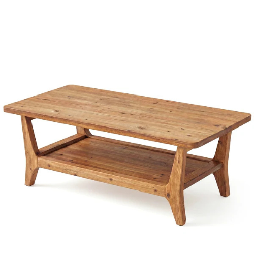47" Solid Wood Coffee Table with 2-Tier Storage Shelf, Rustic Center Table for Living Room