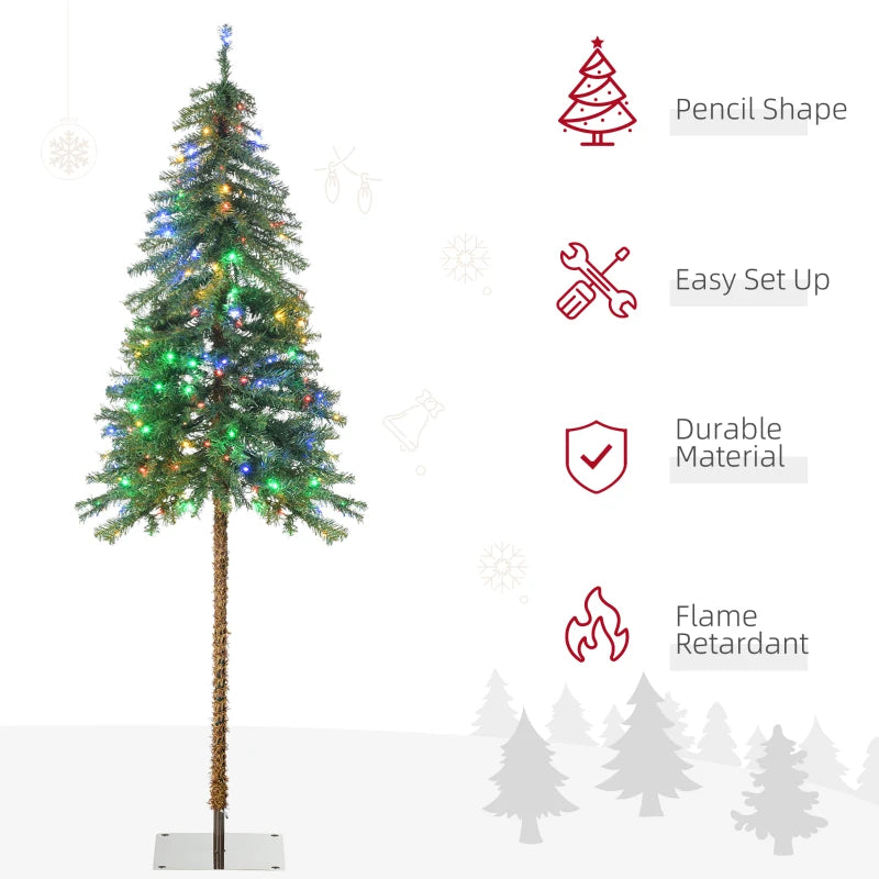 HOMCOM 6' Artificial Christmas Tree with Warm White or Colourful LED Lights, Pencil Shape, Steel Base 