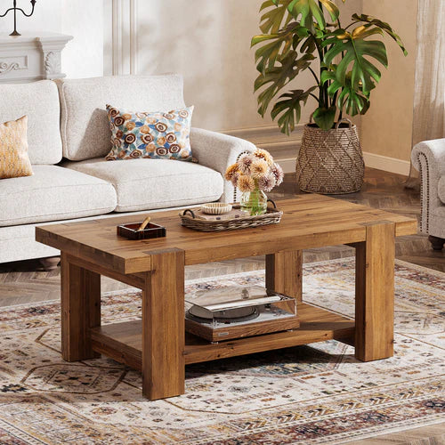 Wood Coffee Table 47.2" Solid Wood Rectangle Center Table with 2-Tier Storage Shelf and Thick Tabletop Rustic Brown