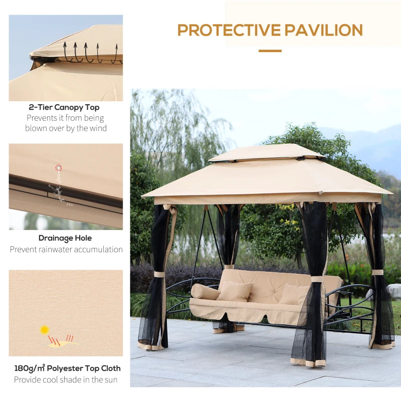 Outsunny 3 Person Outdoor Patio Daybed 3 in 1 Canopy Gazebo Swing Chair Garden Hammock with Mesh Mosquito Net and Sun Shade, Beige