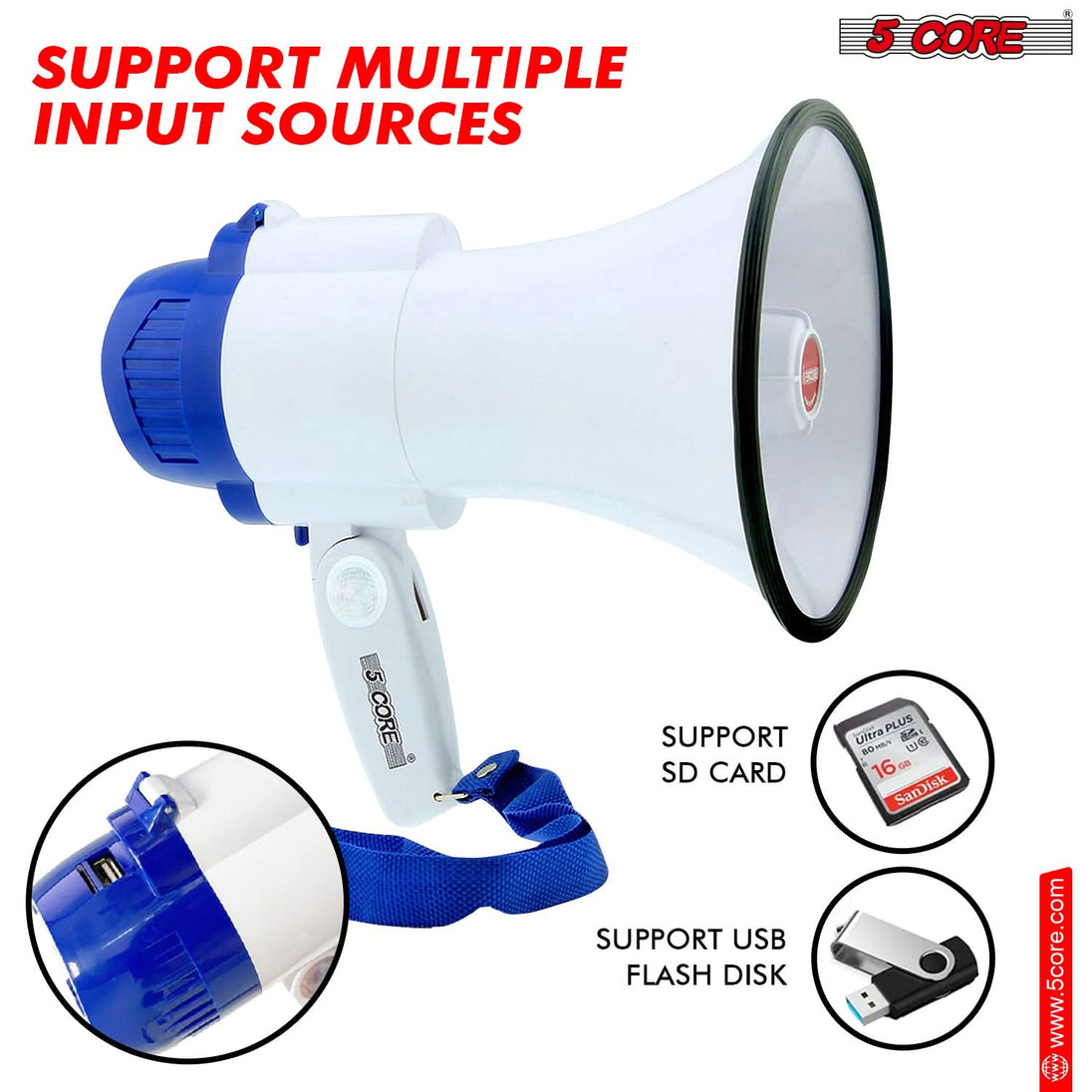 5Core Megaphone Bullhorn Speaker 30W Mini Bull Horn Battery Power Megafono 800 Feet USB