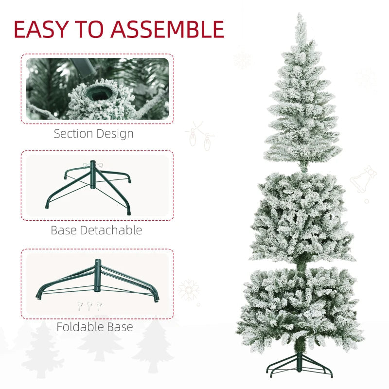 HOMCOM 6ft Pencil Flocked Christmas Tree – 479 Branch Tips with Metal Base, Indoor Holiday Decoration 