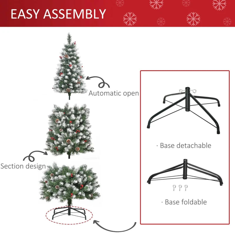 HOMCOM 6ft Decorated Flocked Artificial Christmas Tree – Red Berries, Pine Cones, Pencil Shape, Green 