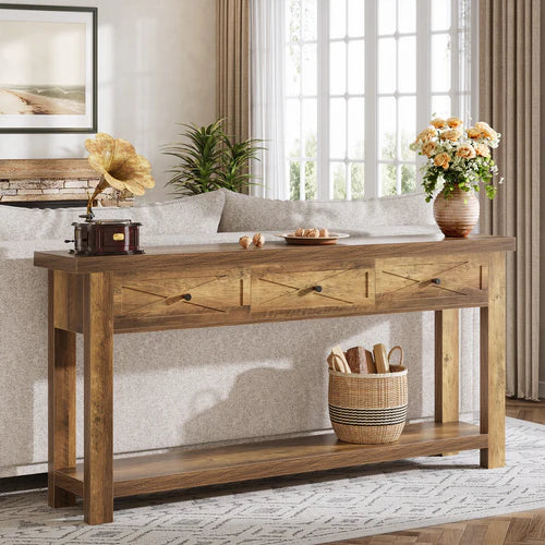 70.9" Farmhouse Console Table with 3 Drawers, Narrow Entryway Sofa Table with Storage Shelf Rustic Brown