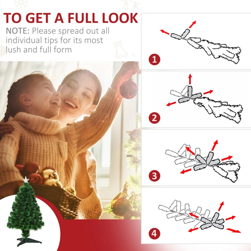 HOMCOM 2.5FT Prelit Artificial Tabletop Christmas Tree with Fibre Optics Holiday Home Xmas Decoration for Table and Desk Geen 