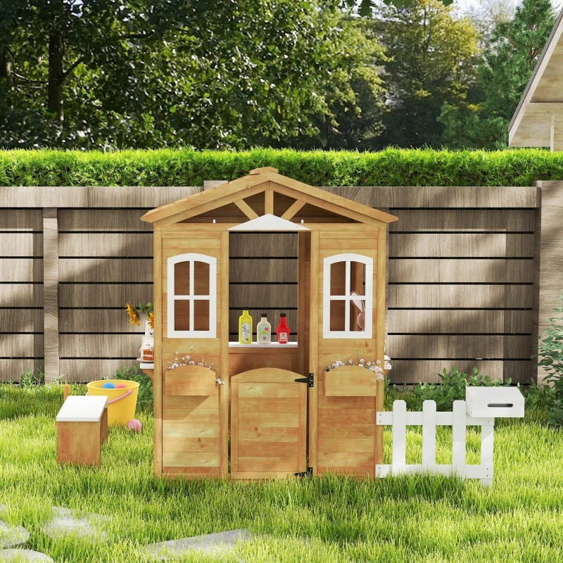 Outsunny Wooden Kids Playhouse – Yellow with Door, Windows, Mailbox, Flower Pot Holder & Serving Station Bench 