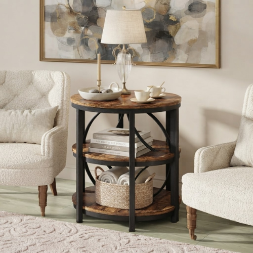 23.62" Half-Round End Table, 3-Tier Narrow Side Table with Metal Frame, Rustic Brown Half-Moon Sofa Table