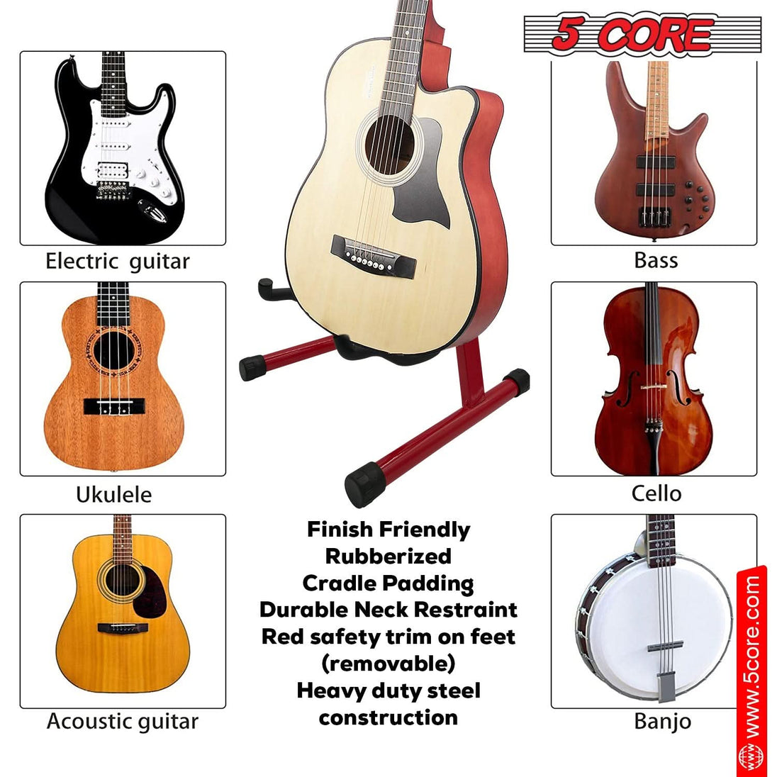 5Core Guitar Stand Floor A Frame Electric Acoustic Bass Soporte Para Guitarra RED