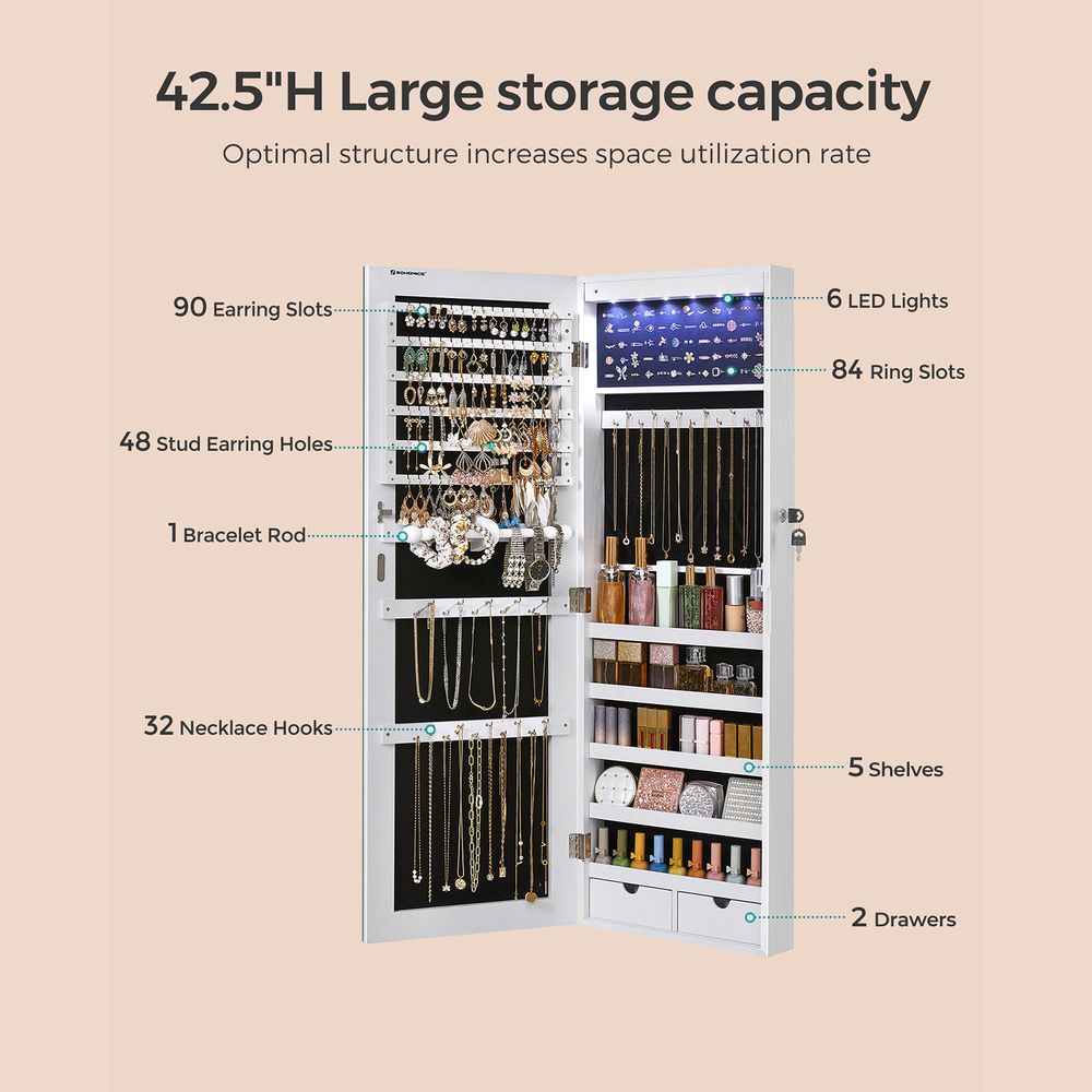 SONGMICS 42.5"H White Wall-mounted Jewelry Armoire Cabinet 