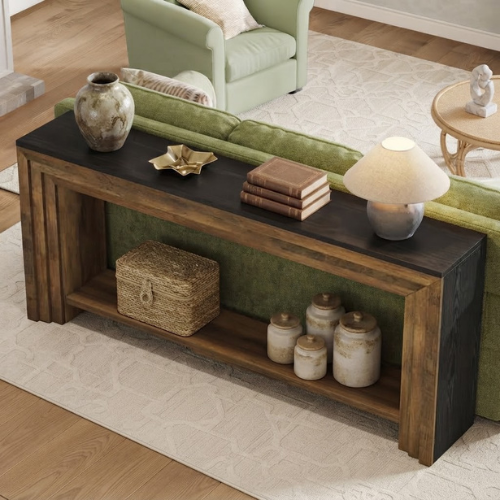 70.9" Farmhouse Console Table, Rustic Entryway Sofa Table with Bottom Storage Shelf, Brown & Black
