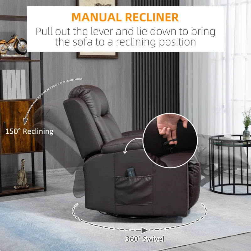 HOMCOM Massage Recliner Chair for Living Room with 8 Vibration Points, PU Leather Manual Reclining Chair with Cup Holders, Swivel Base, Rocking Function, Brown