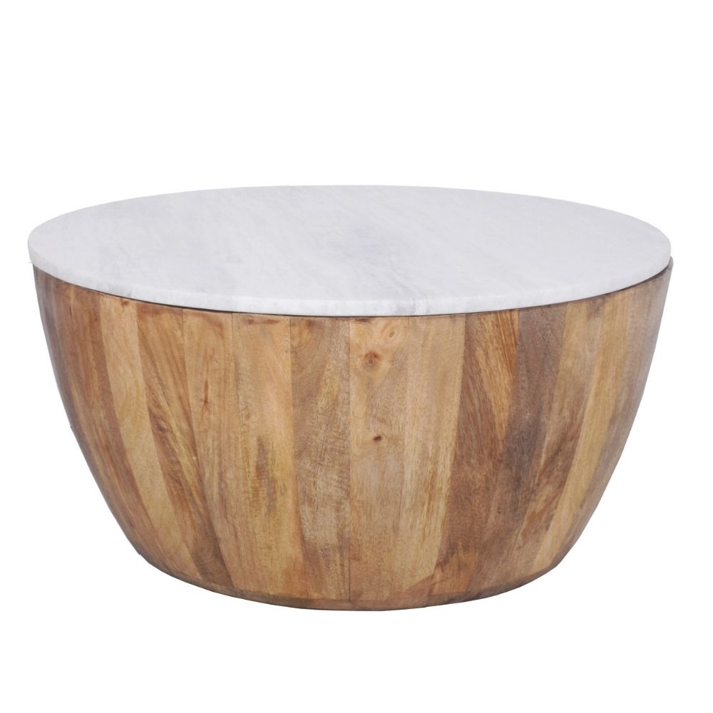 Cecile Mango Wood Drum Coffee Table With Marble Top 