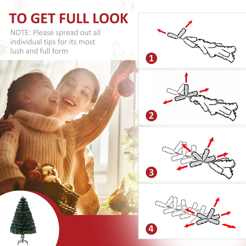 HOMCOM 4FT Pre-Lit Artificial Spruce Christmas Tree with Fiber Optic Lights, Hinged Full Holiday Tree 