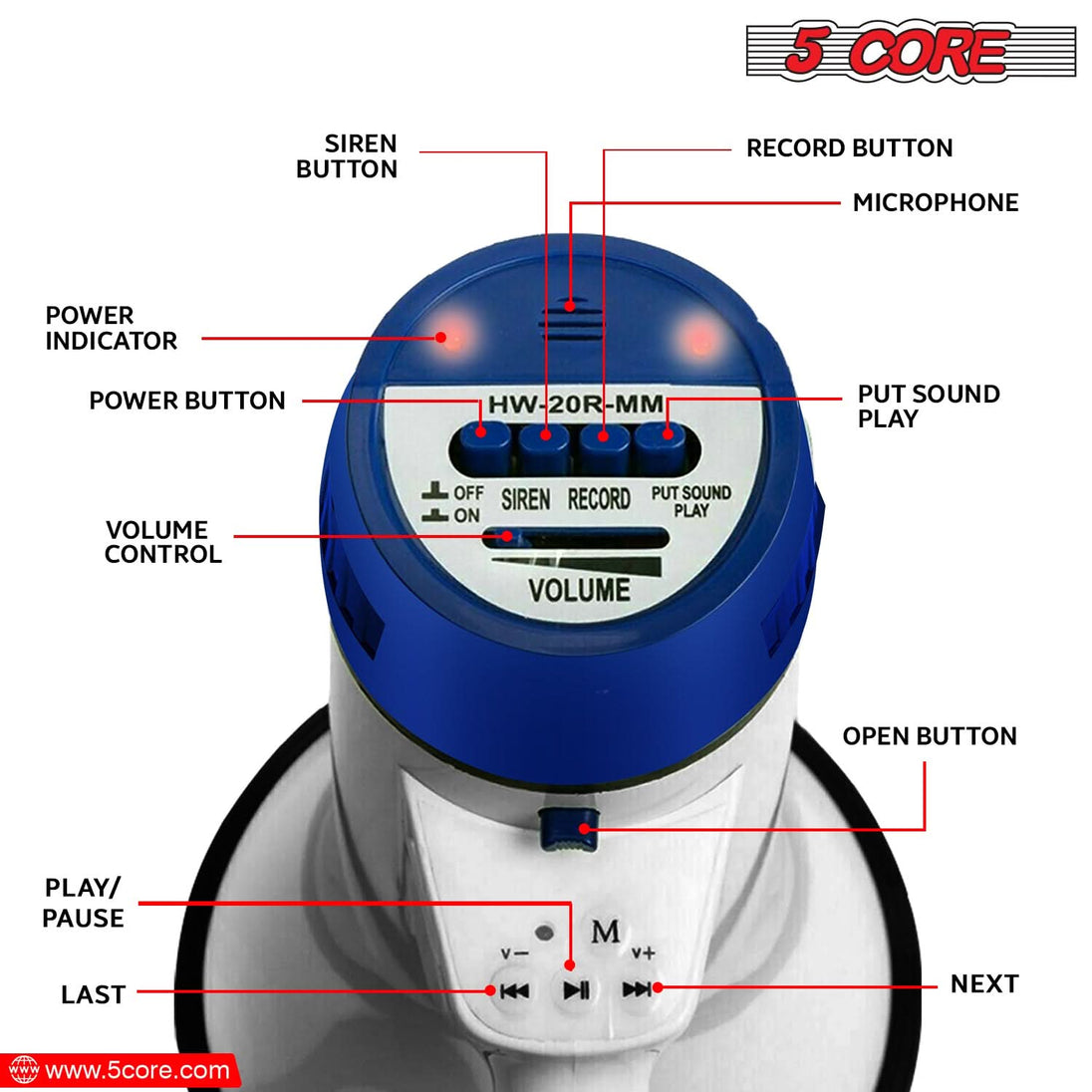 5Core Megaphone Bullhorn Speaker 20W Bull Horn Battery Power Cheer Megafono Loudspeaker