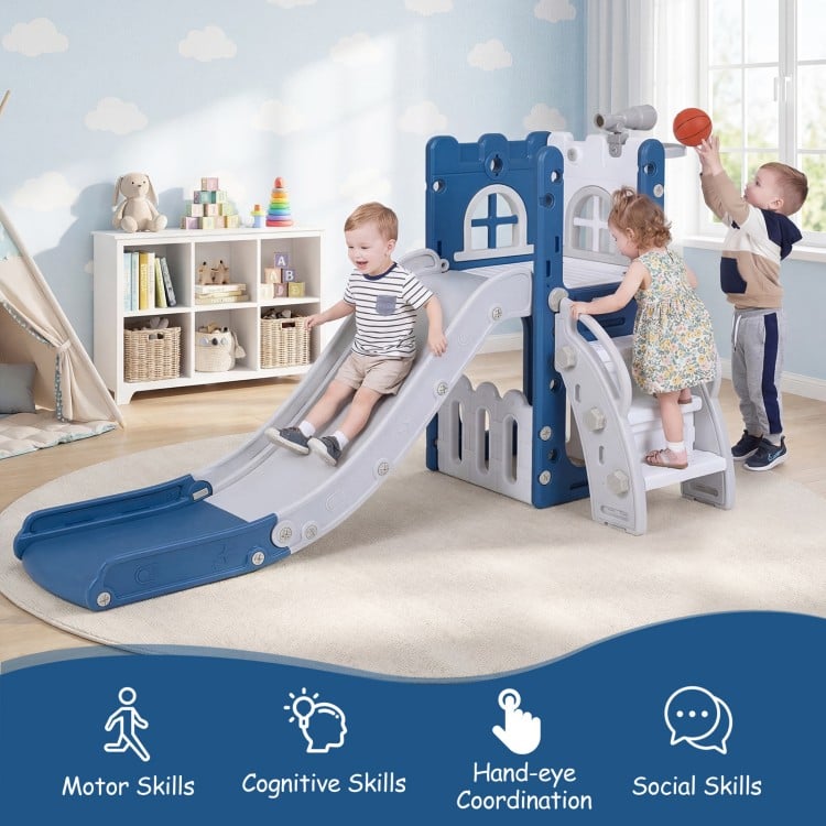 6-in-1 Toddler Slide L-shaped Playground with Basketball Hoop and Ladder-Blue
