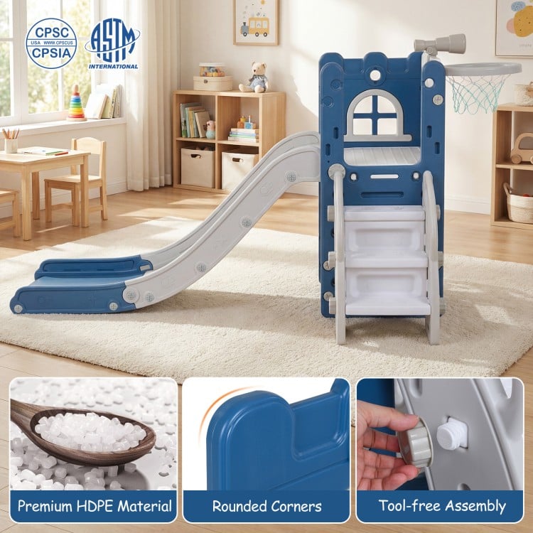6-in-1 Toddler Slide L-shaped Playground with Basketball Hoop and Ladder-Blue