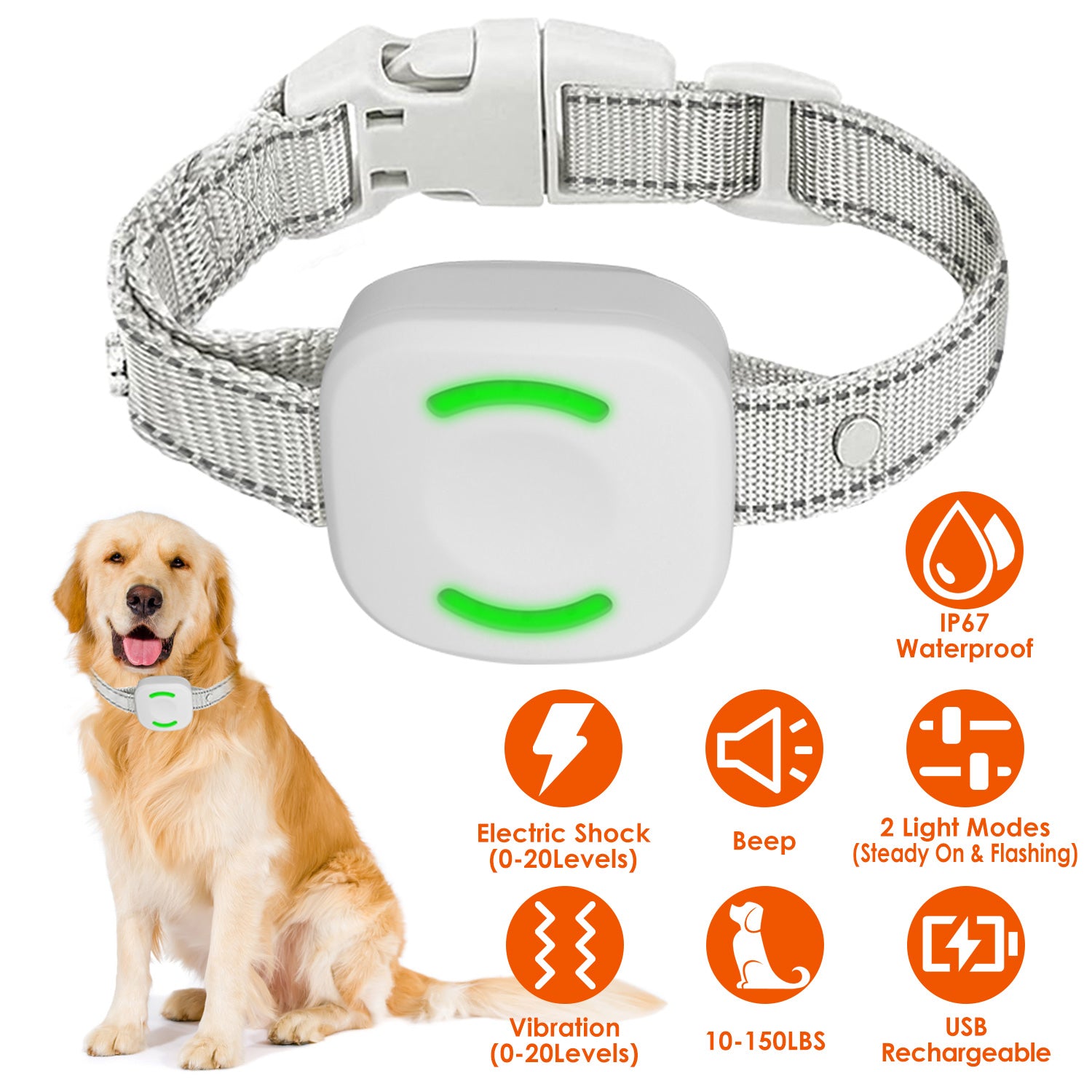 IP67 Waterproof Electric Dog Training Collar Rechargeable Dog Receiver with Light Beep Vibration Shock Fit for All Dogs 10-150LBS