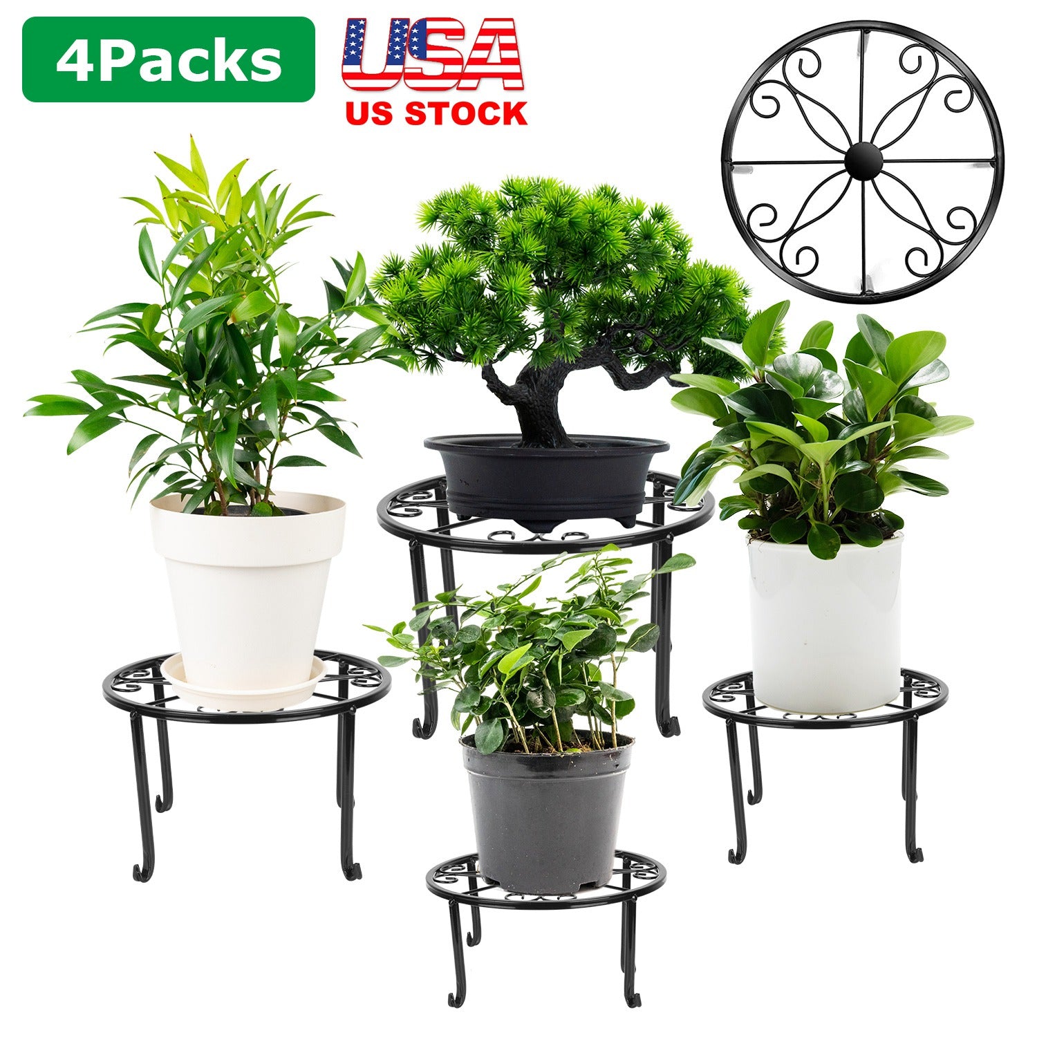 4Packs Iron Plotted Plant Stands Shelves Heavy Duty Round Flower Pot Holder Rack Home Yard Garden Patio Décor 