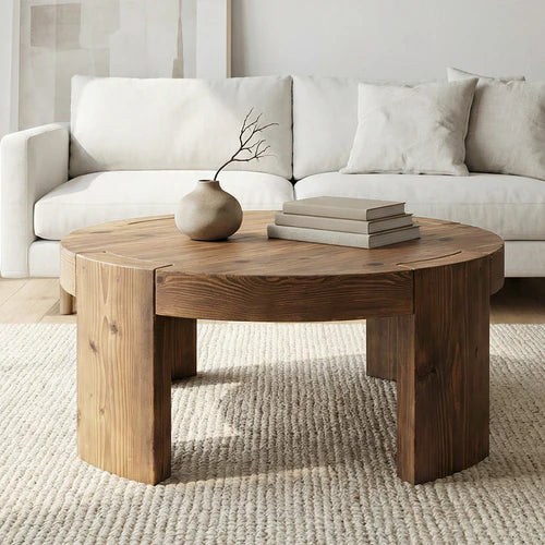 Coffee Table 31.5" Round Solid Wood Center Cocktail Tea Table Rustic Brown