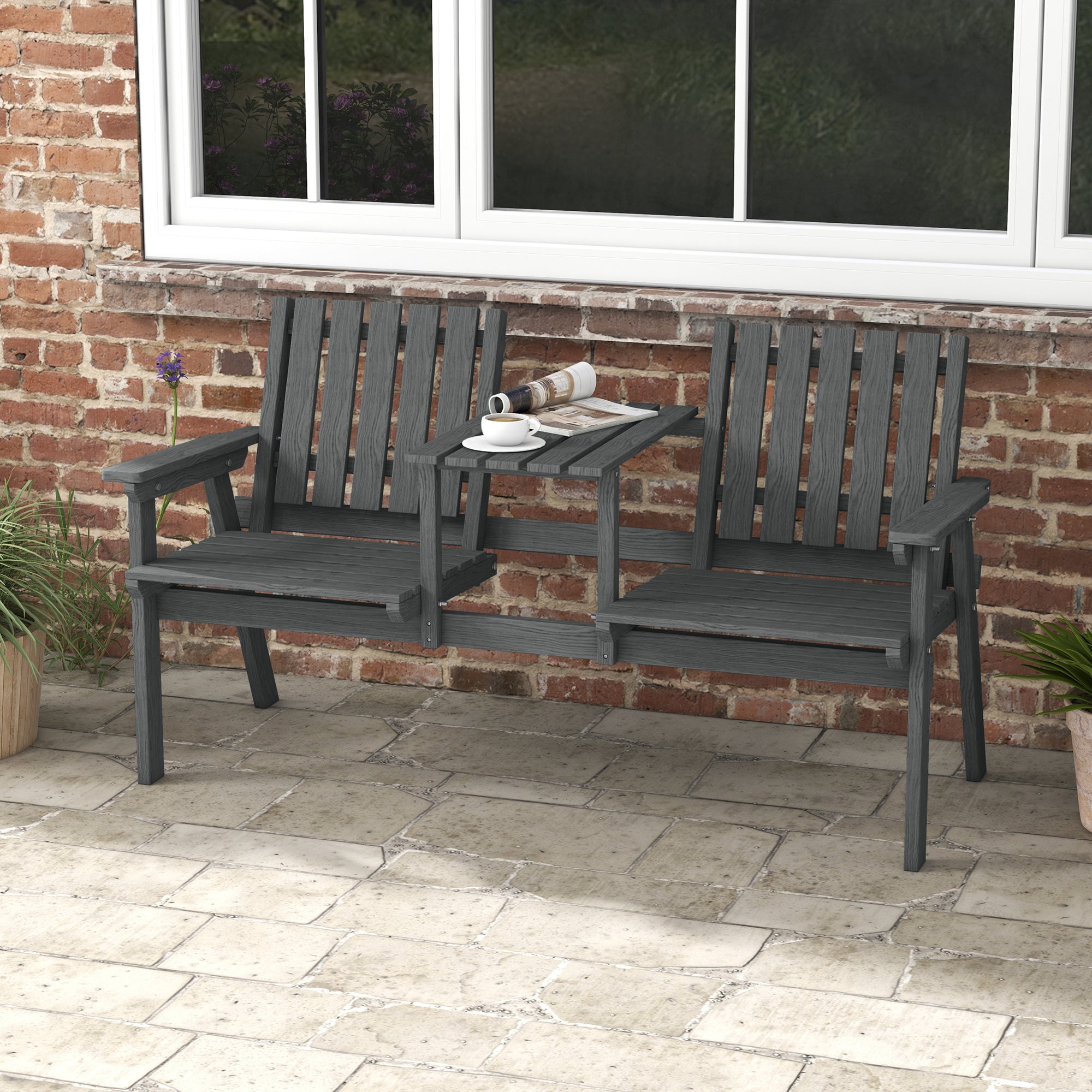 Outsunny Garden Bench for 2 Persons with Middle Table and Umbrella Hole, 2-Seater Outdoor Wooden Bench with Slat Design, Grey 
