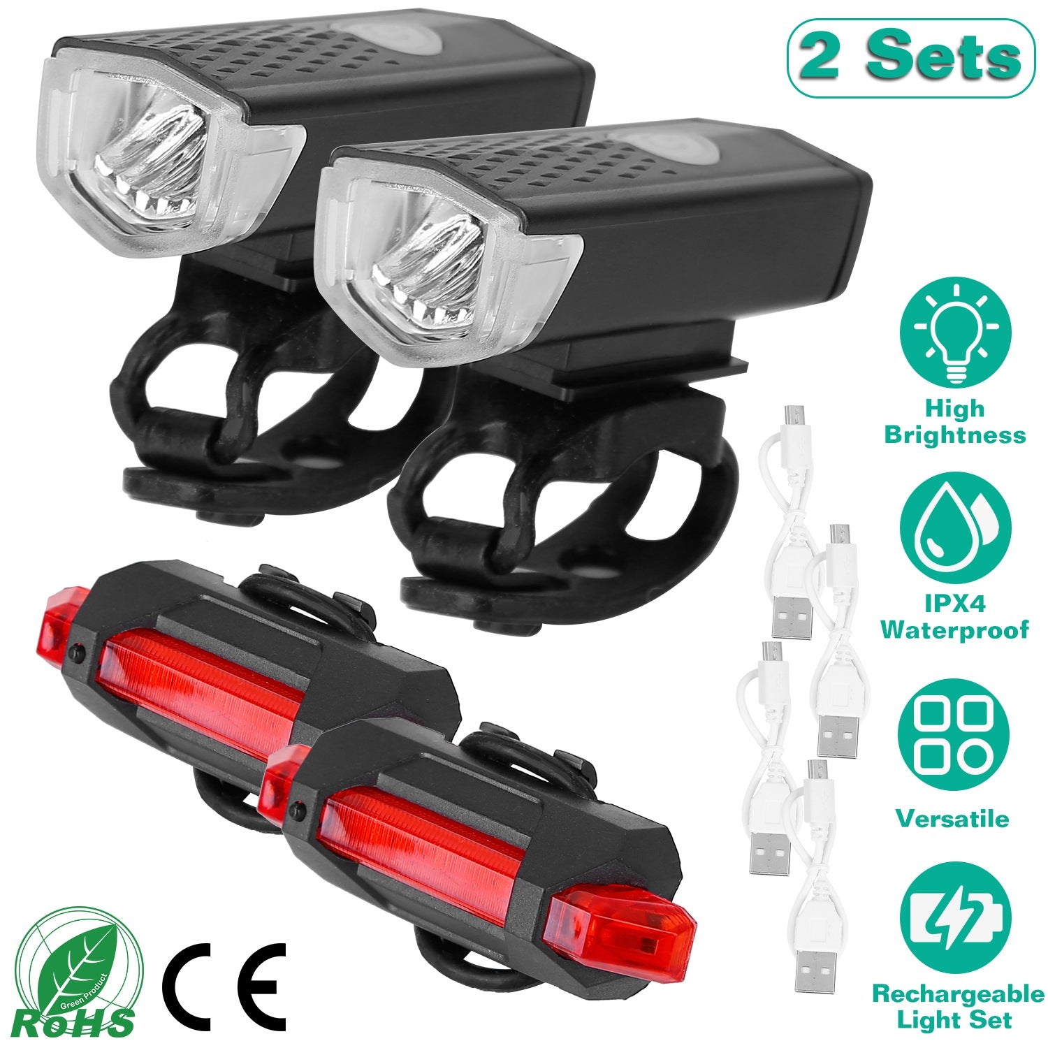 Bicycle Light Sets USB Rechargeable Bike Headlight Waterproof LED Bicycle Front Light Taillight 2 Kit