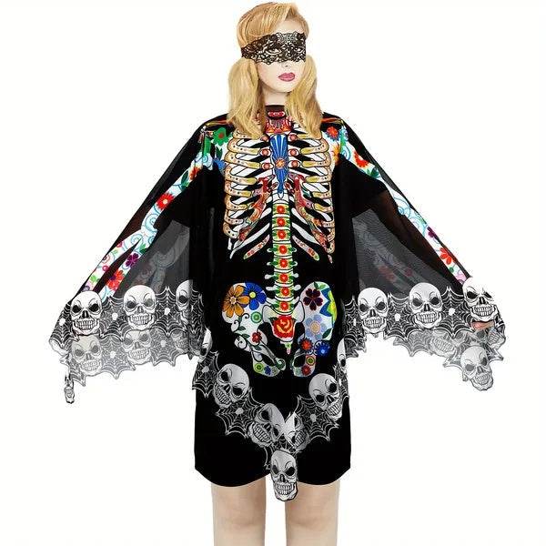 Halloween Skeleton Poncho, Lace Skeleton Halloween Costume Poncho Day Of The Dead Poncho For Women 