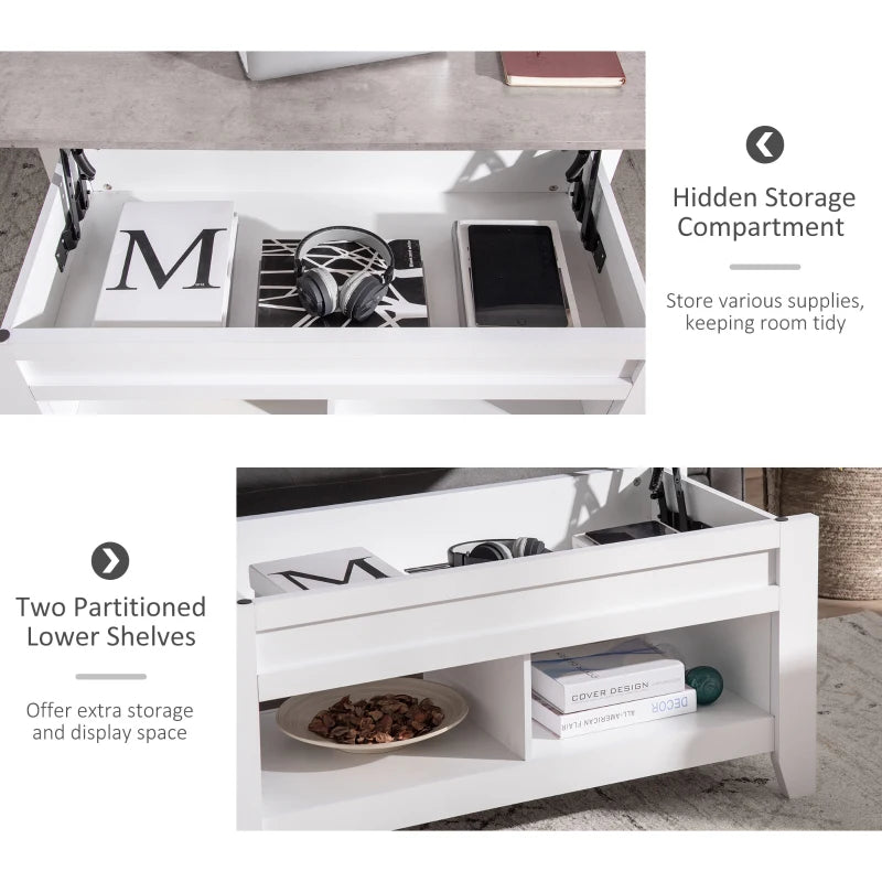 Lift Top Coffee Table with Hidden Storage Compartment and Open Shelves, Lift Tabletop Pop-Up Center Table for Living Room, White