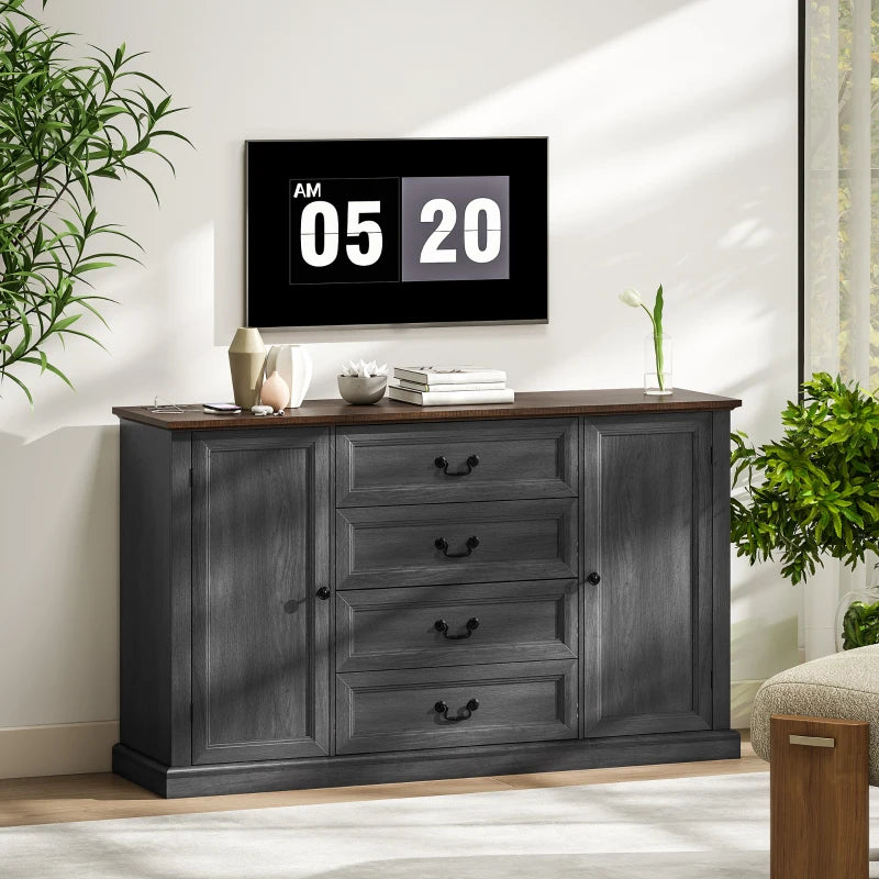 Farmhouse Sideboard with Charging Station, 58" Buffet Cabinet, Kitchen Storage Cabinet with 4 Drawers, 2 Doors, Black