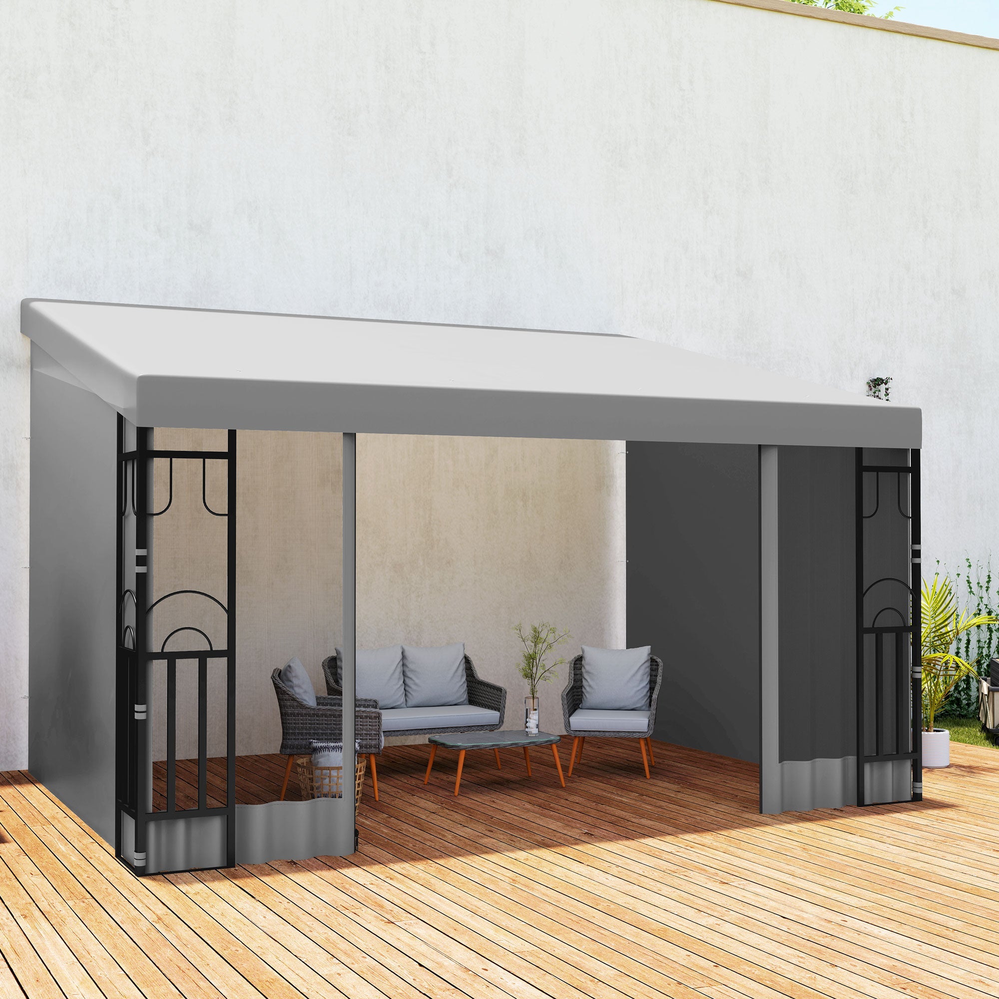 Outsunny 10' x 13' Wall Pergola, Outdoor Gazebo with 2 Curtains and 2 Nettings, UV Resistant, for Patio, Deck, Light Grey 