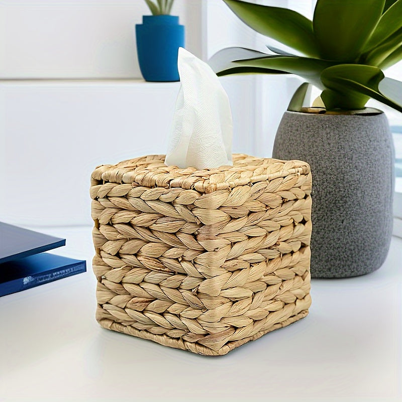 Straw Paper Towel Basket - Woven Water Hyacinth Grass Tissue Box for Tabletop & Restaurant Décor