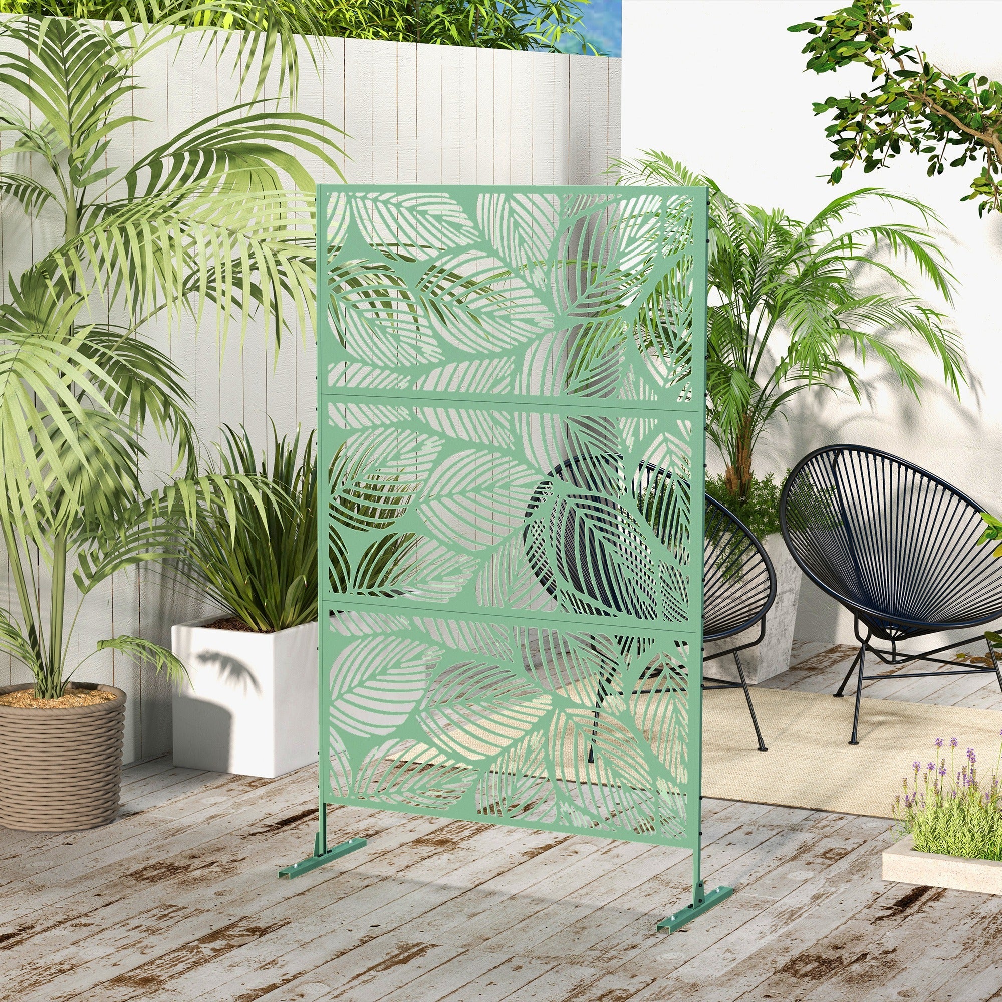 Outsunny 6.5FT Decorative Outdoor Divider, Metal Privacy Screen with Stand, Leaf Style, Light Green 