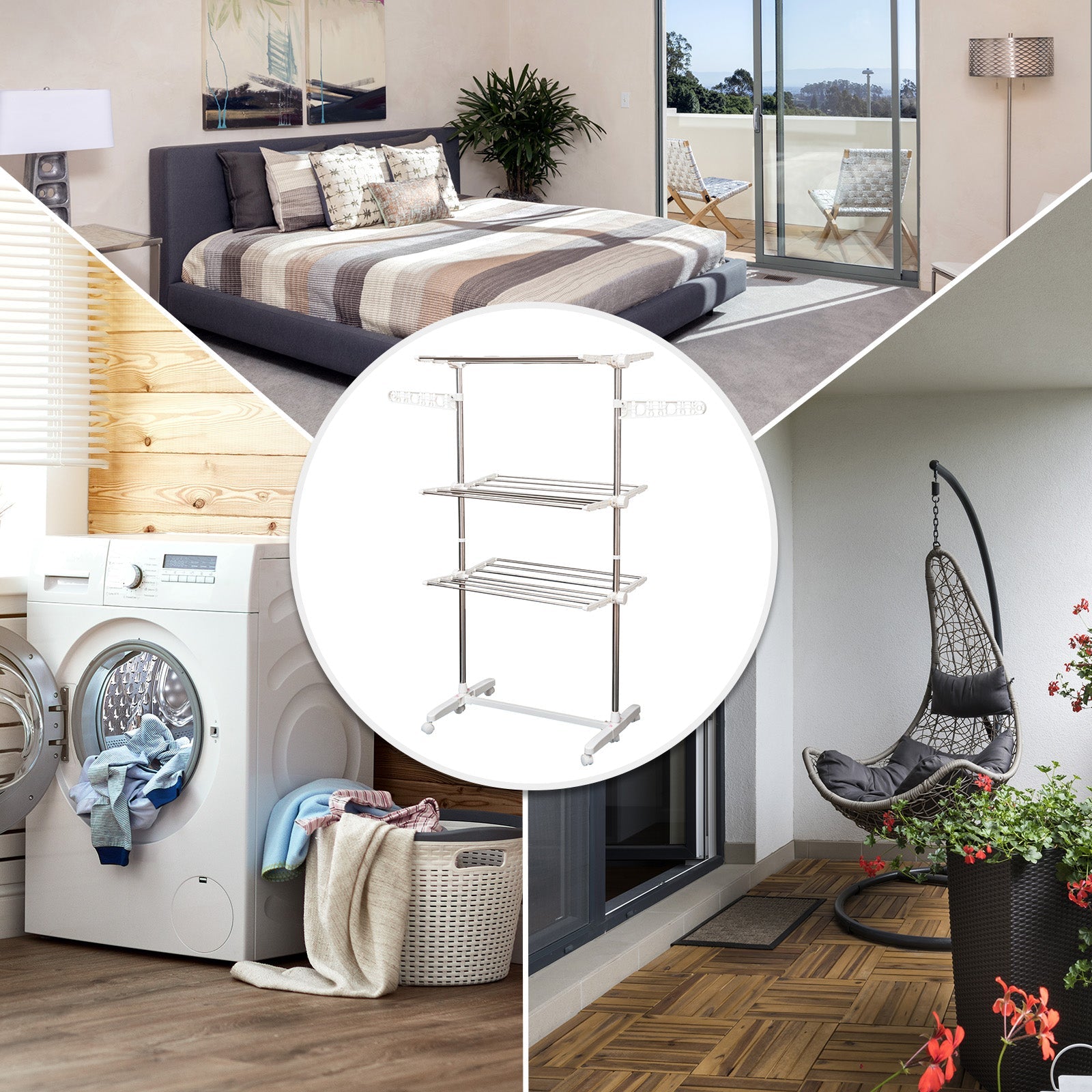 HOMCOM Clothes Drying Rack 3 Tier Foldable Rolling Collapsible Laundry Dryer Hanger Towel Holder Indoor Outdoor Stainless 