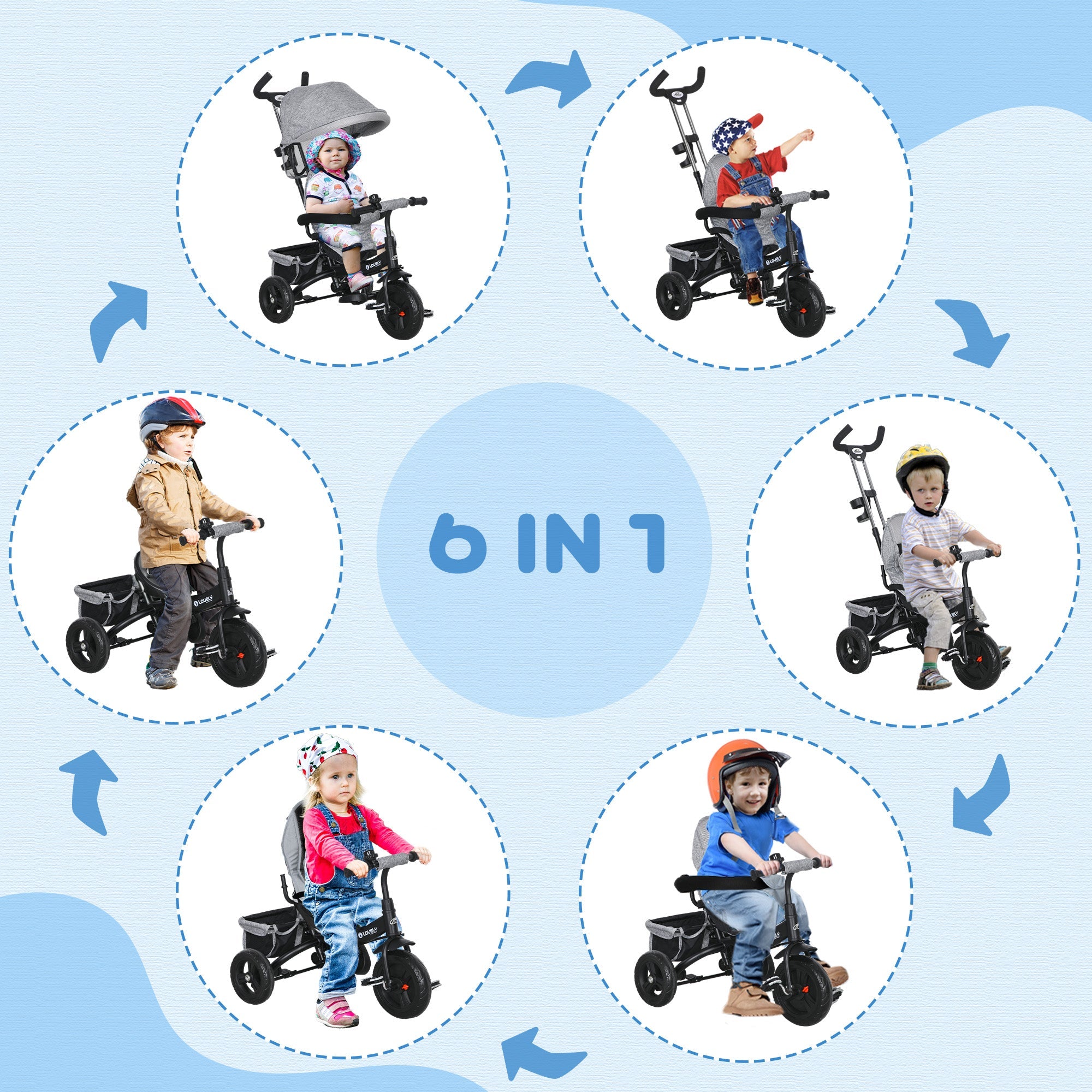 Qaba 4-in-1 Convertible Toddler Tricycle Stroller with Canopy Basket Safety Harness for Kids 12-60 Months Grey 