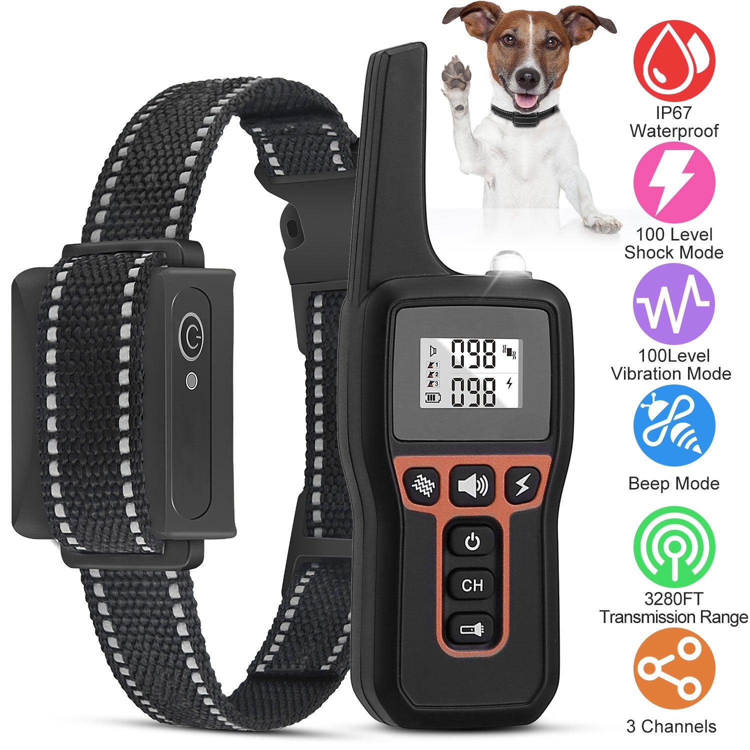 3280FT Dog Training Collar IP67 Waterproof Pet Beep Vibration Electric Shock Collar 3 Channels Rechargeable Transmitter Receiver Trainer with Flashlig