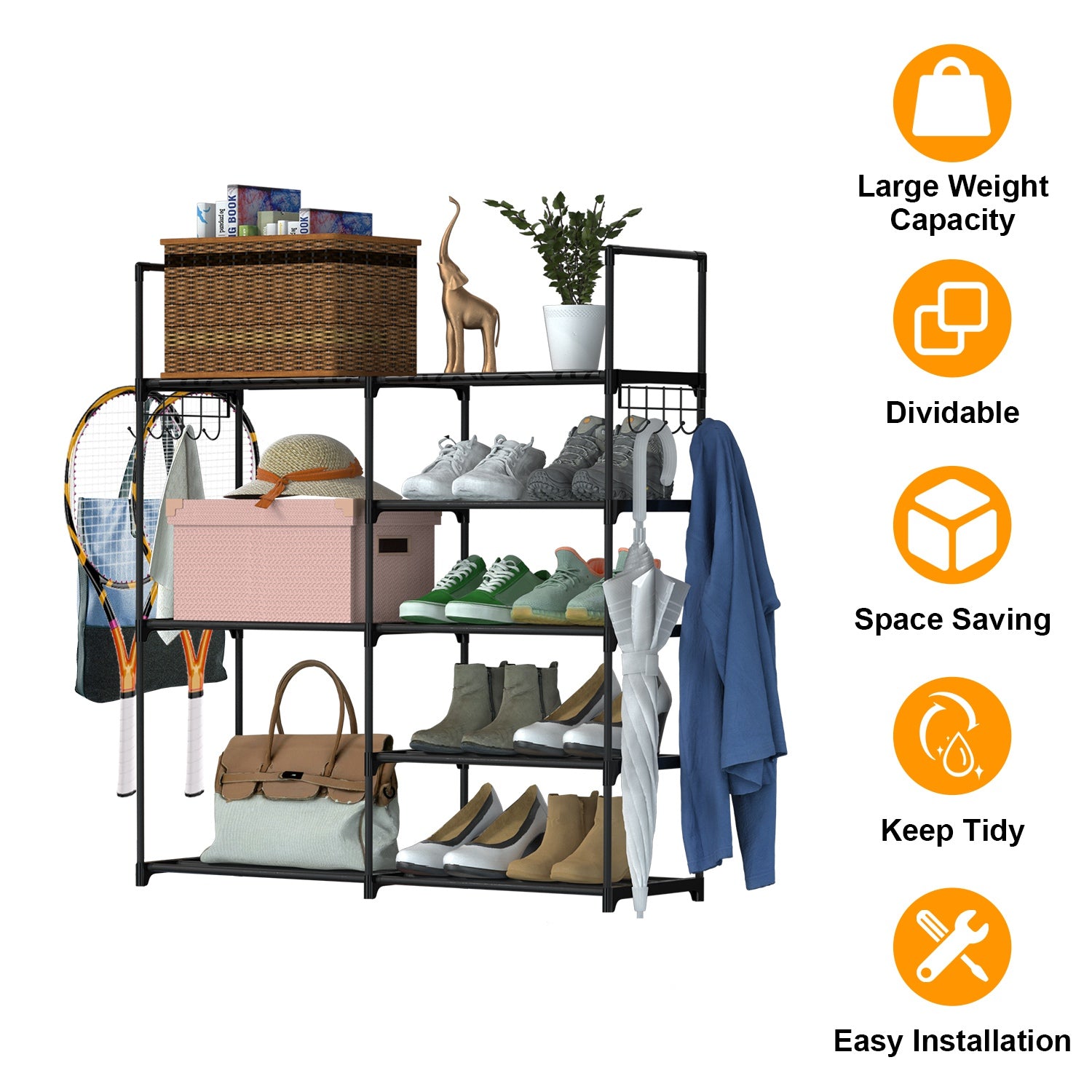 5 Tiers Plus 3 Tiers Shoe Rack Metal Shoe Storage Shelf Free Standing Shoe Stand 16+ Pairs Shoe Tower Unit Tall Shoe Organizer with 2 Row Hooks for En 