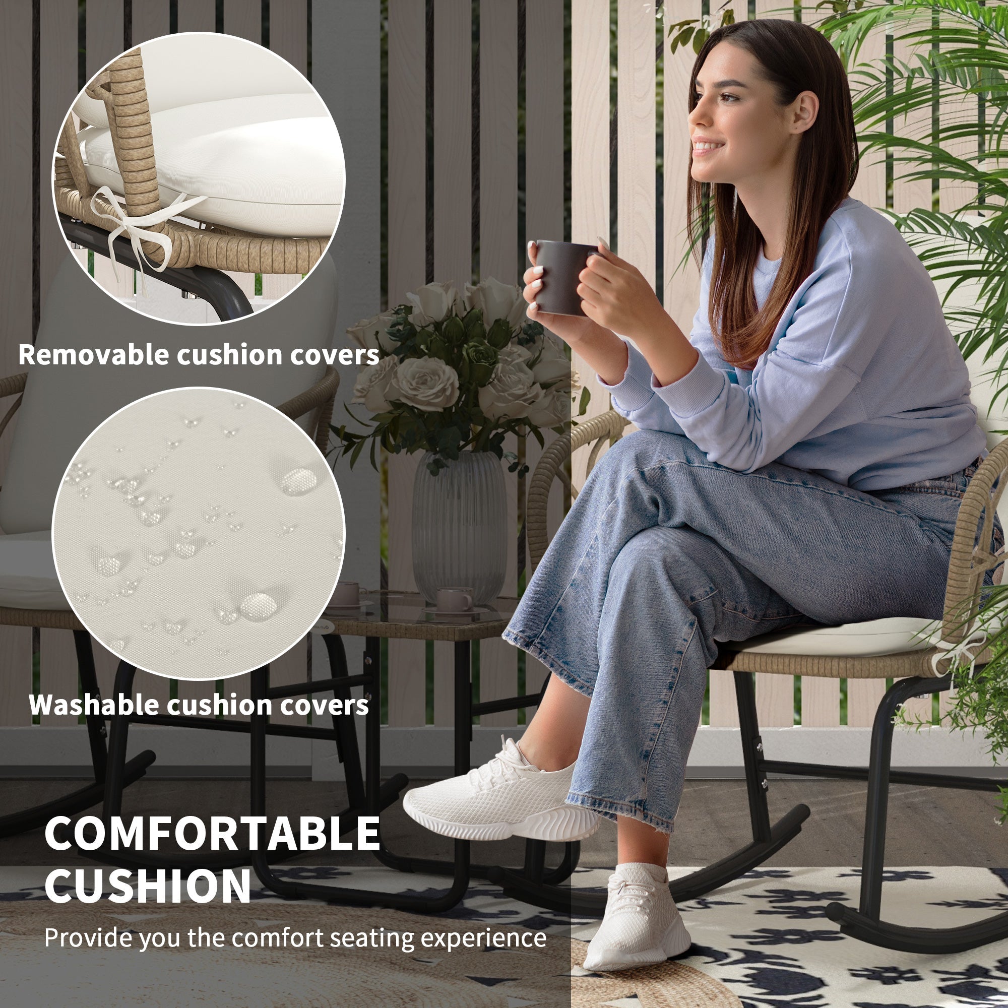 Outsunny 3 Pieces Patio Rocking Chair Patio Set with Cushions, Outdoor Round PE Rattan Wicker Hollow Design Conversation Set, Beige 