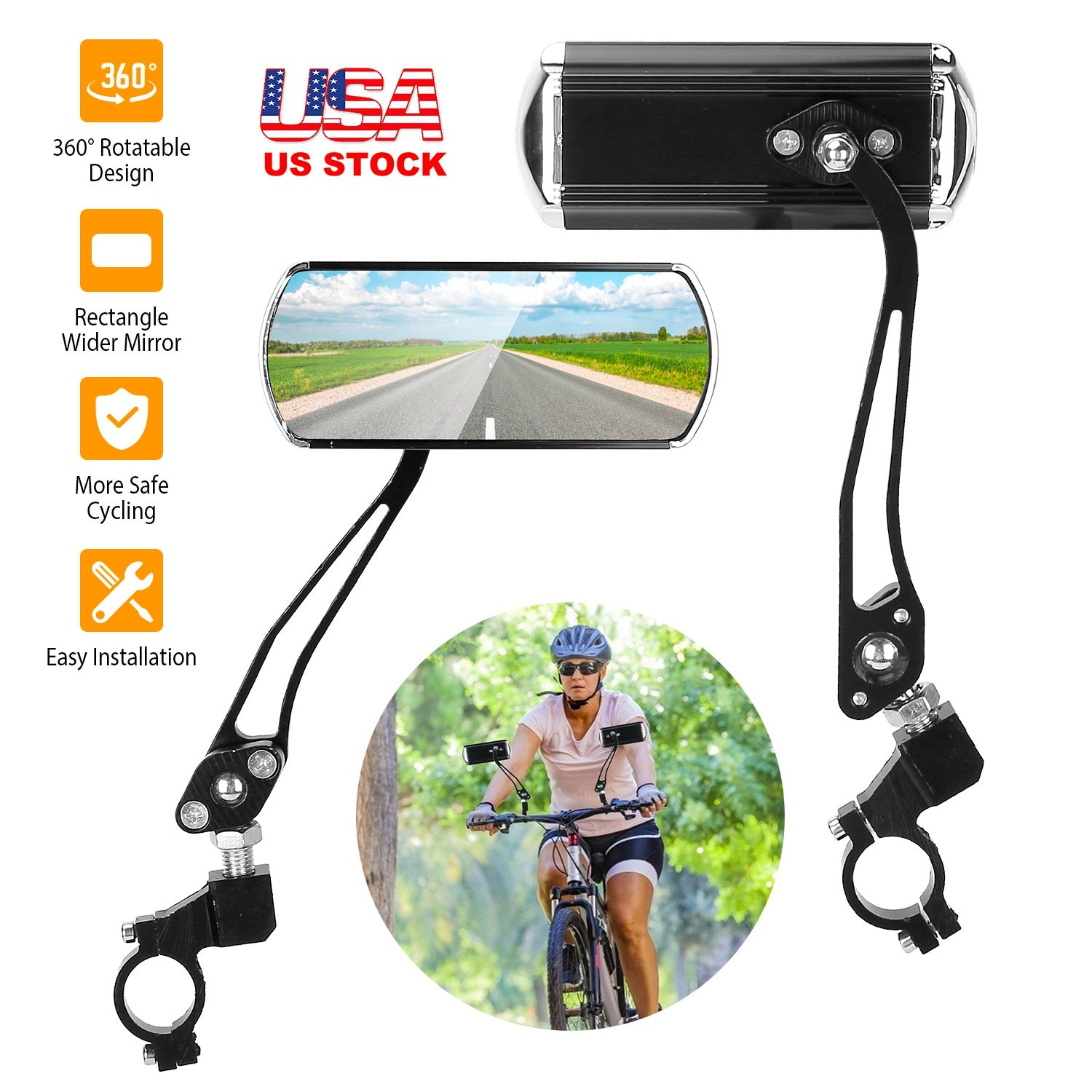 1 Pair Handlebar Bike Mirrors Adjustable 360° Rotatable Safe Rearview Bicycle Mirror Scratch Resistant Rectangular Bike Mirror For Mountain Bike Road