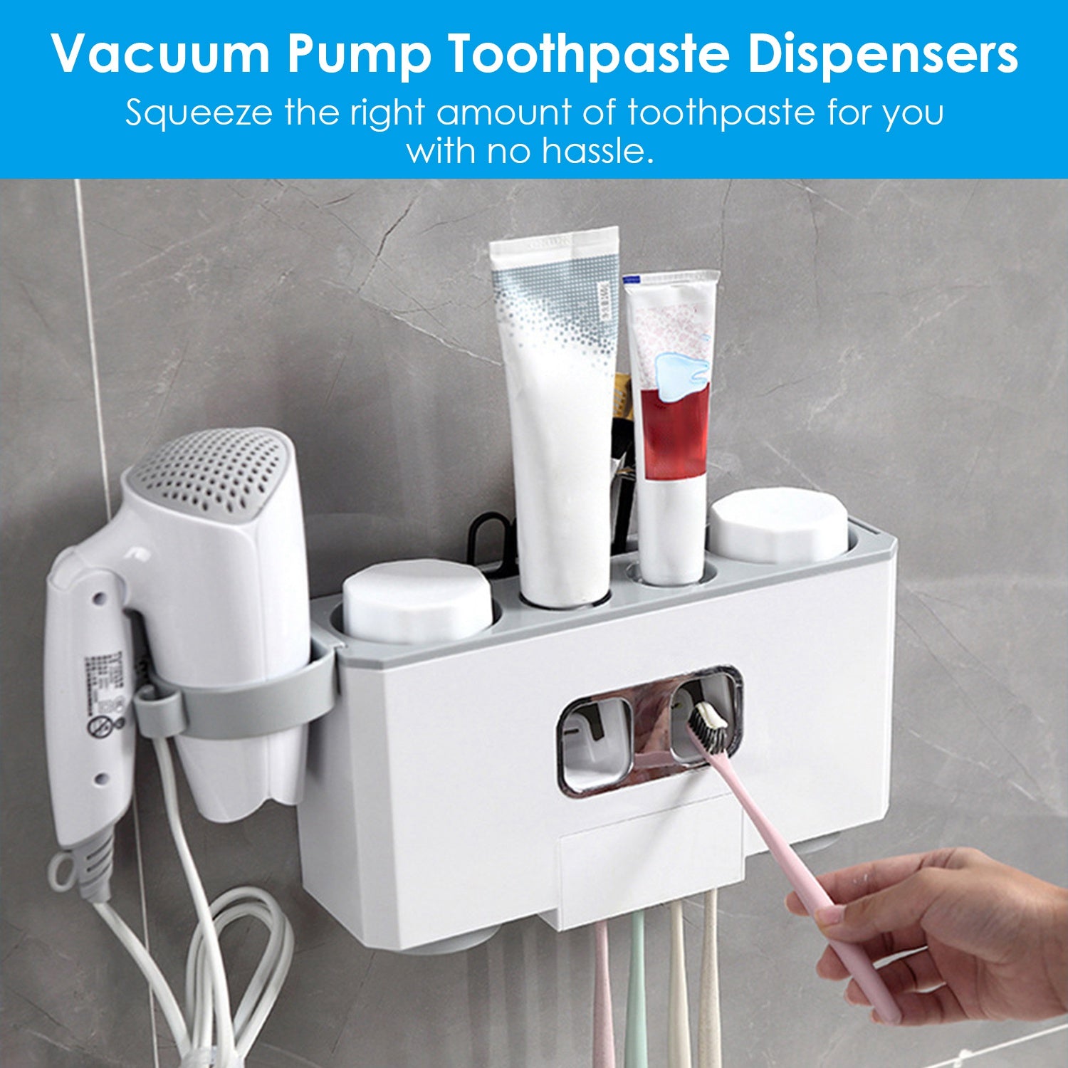 Multifunctional Wall Mount Toothbrush Holder Rack Organizer Automatic Toothpaste Dispenser Squeezer with Magnetic Cups 5 Toothbrush Slots Hair Dryer H