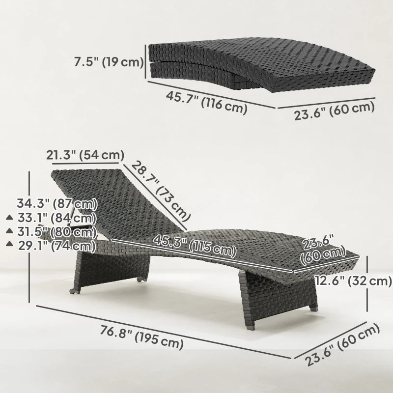 Patio Lounger, Folding Wicker Outdoor Chaise Lounge with 4-Level Adjustable Backrest, Black