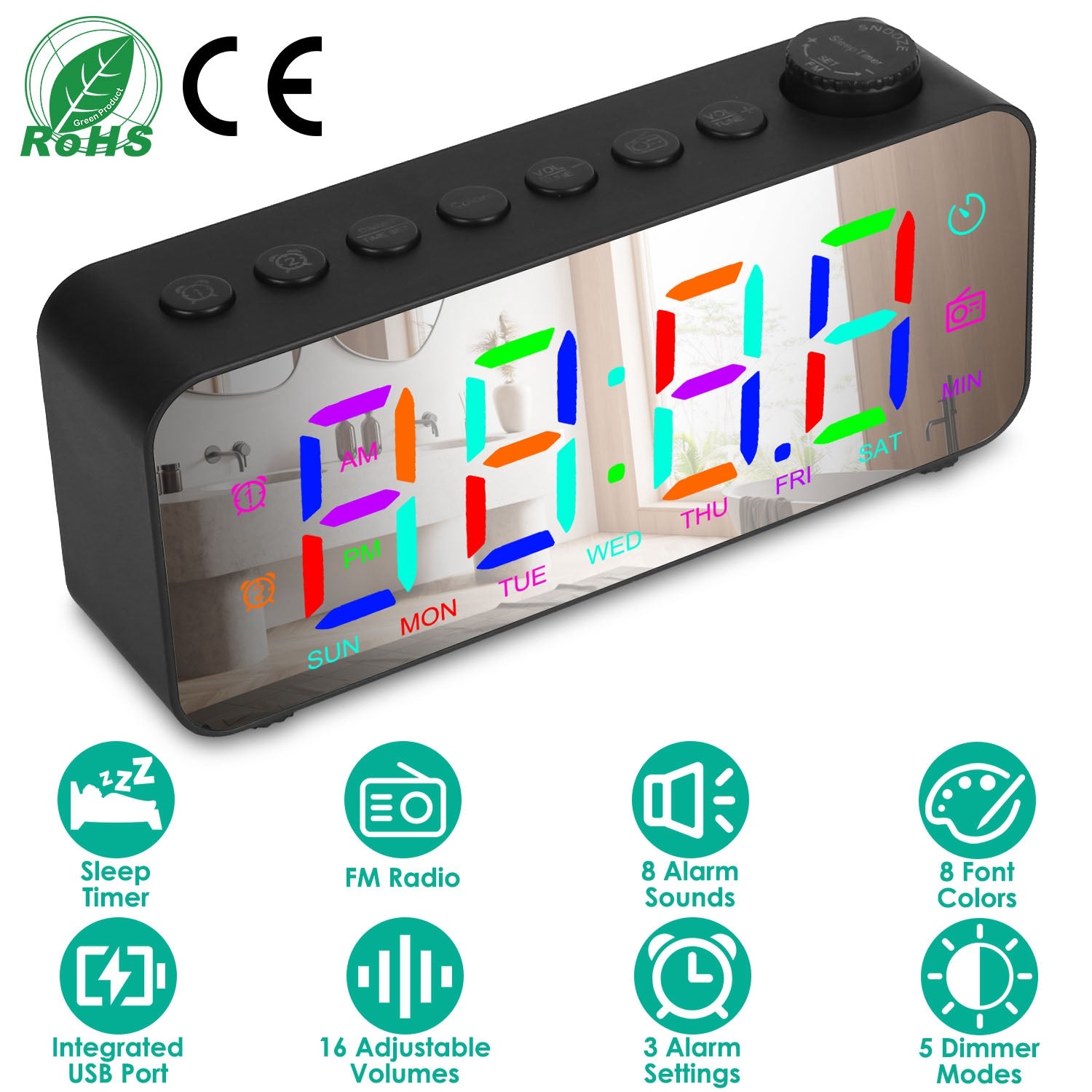 RGB Color LED Digital Alarm Clock Electric Alarm Clock with 8 Alarm Sounds 8 Font Colors 16 Adjustable Volumes 5 Dimmer Modes 3 Alarm Settings Mirror