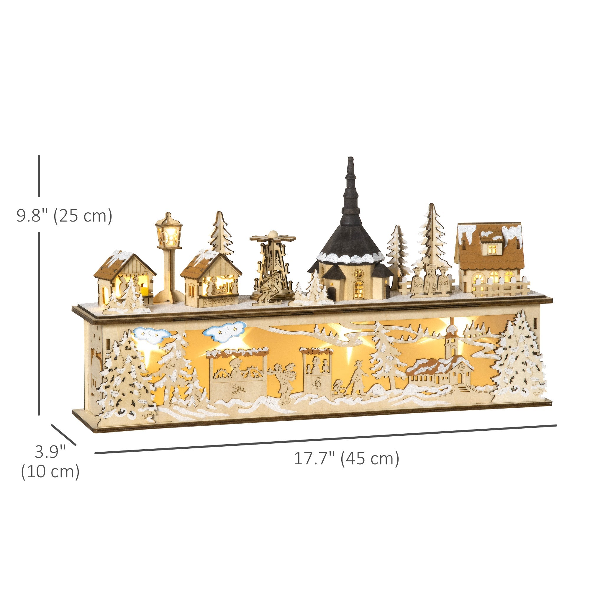 HOMCOM Desktop Christmas Decoration, Christmas Village Houses with Church, Windmill Battery Operated, Natural Wood 