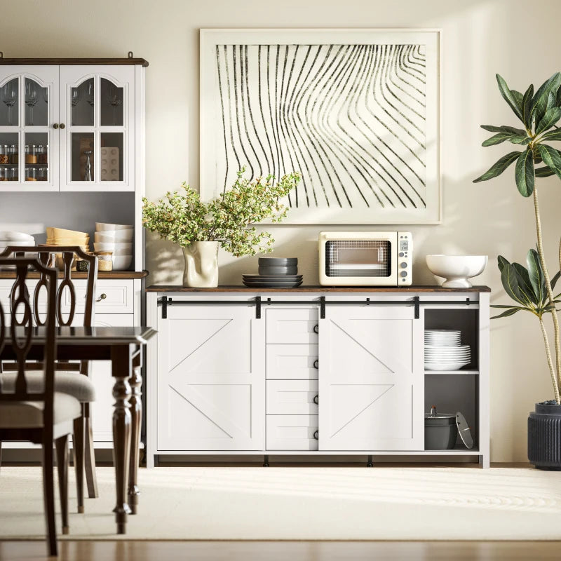 60" Buffet Cabinet, Farmhouse Sideboard with Sliding Barn Doors, Drawers and Adjustable Shelves, Cream White